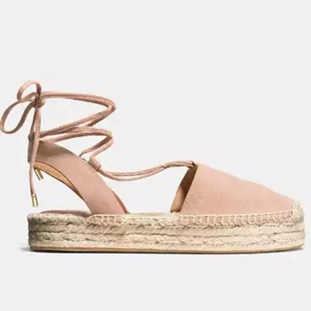 NWT COACH Rita Beechwood Suede Tan Espadrille Lace Up Closed Toe Sandals Size 9M - Picture 1 of 5